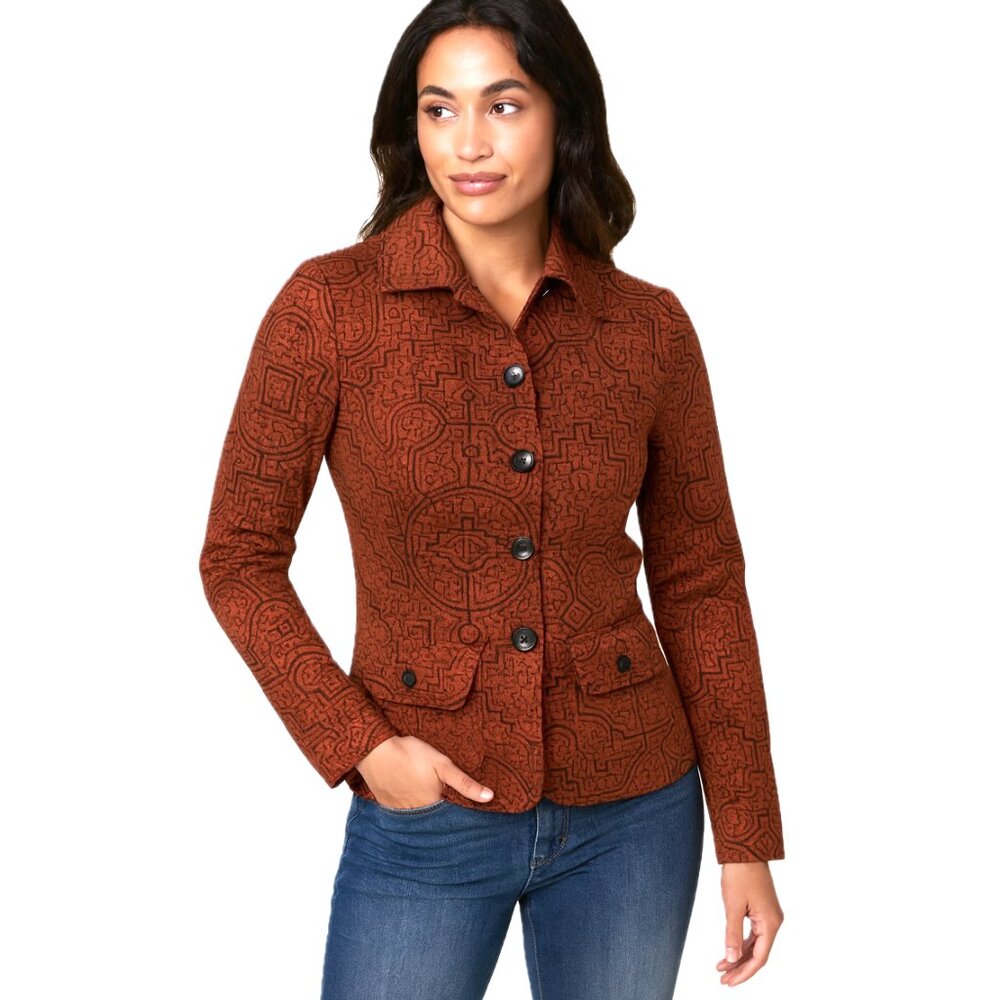 Peruvian Connection | Art-to-Wear Tribal Blazer Jacket Rust Orange Brown | Small